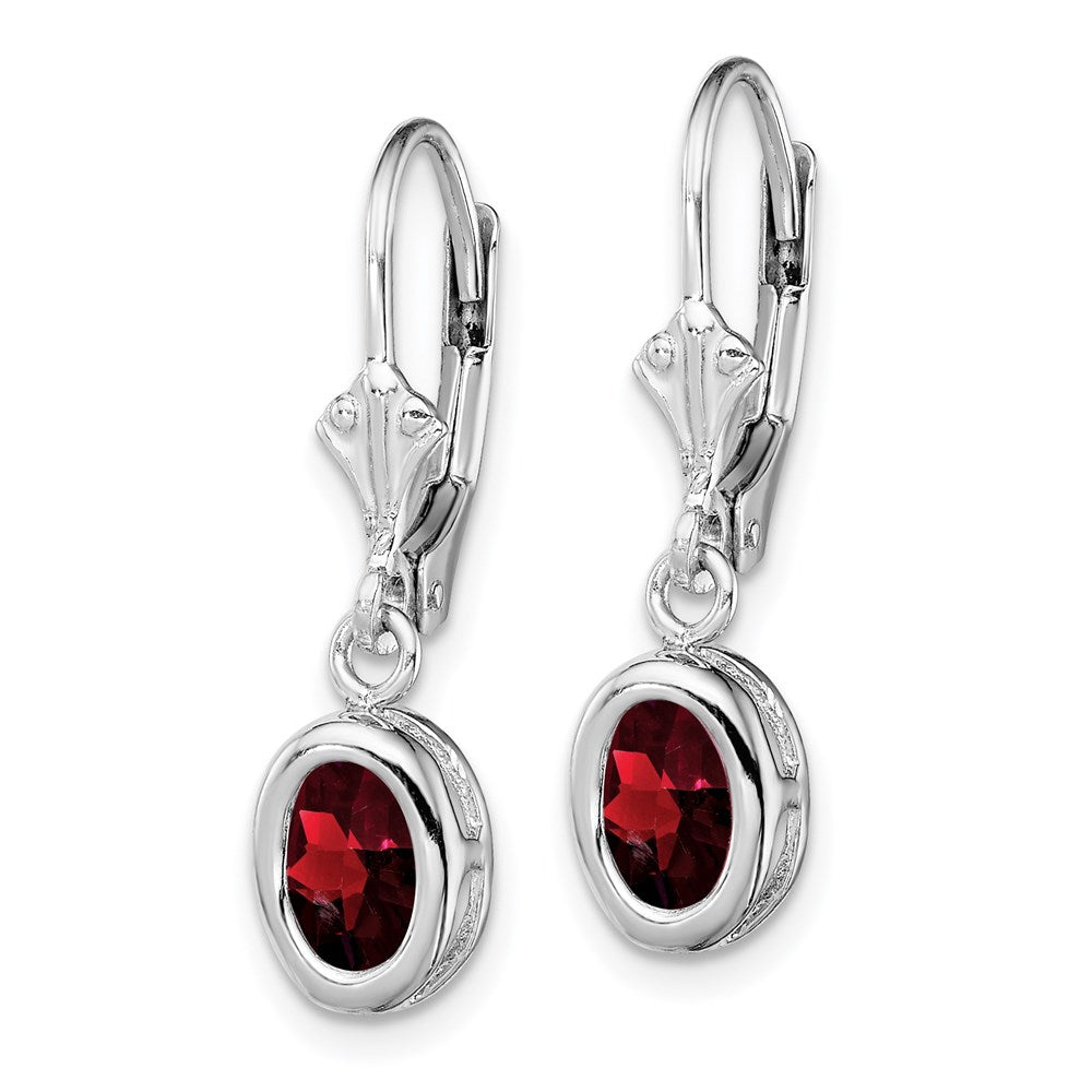 Sterling Silver Rhodium Plated 7x5mm Oval Garnet Leverback Earrings