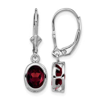 Sterling Silver Rhodium Plated 8x6mm Oval Garnet Leverback Earrings