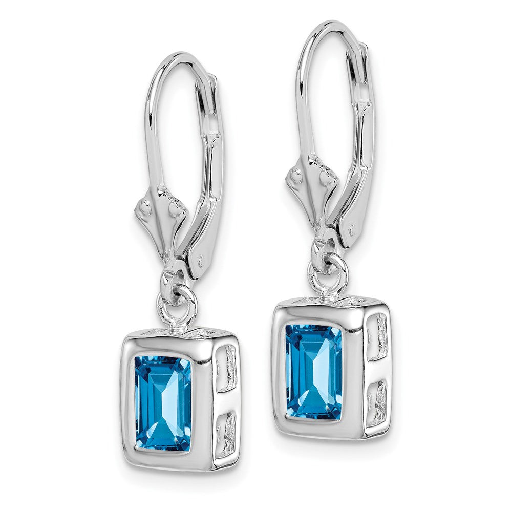 Sterling Silver RH Plated 7x5 Emerald Cut Blue Topaz Leverback Earrings