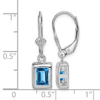 Sterling Silver RH Plated 7x5 Emerald Cut Blue Topaz Leverback Earrings