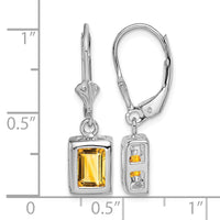 Sterling Silver Rhodium Plated 7x5 Emerald Cut Citrine Leverback Earrings