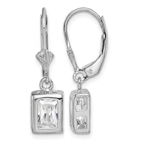 Sterling Silver Rhodium Plated 7x5 Emerald Cut CZ Leverback Earrings