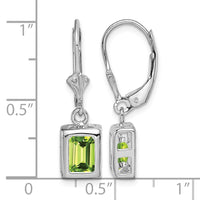 Sterling Silver Rhodium Plated 7x5 Emerald Cut Peridot Leverback Earrings