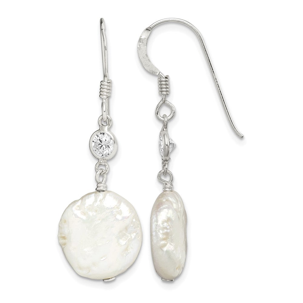 Sterling Silver Polished FW Cultured Coin Pearl & CZ Dangle Earrings