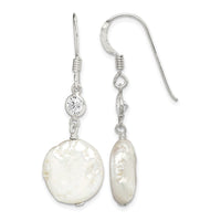 Sterling Silver Polished FW Cultured Coin Pearl & CZ Dangle Earrings