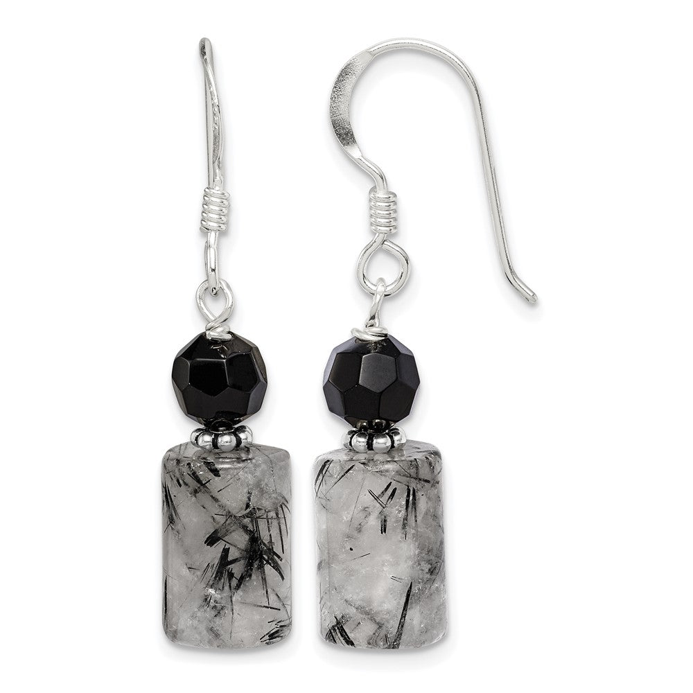 Sterling Silver Black Crystal & Tourmalinated Quartz Dangle Earrings
