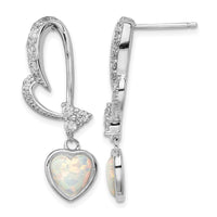 Sterling Silver Rhodium plated Created Opal and CZ Heart Earrings