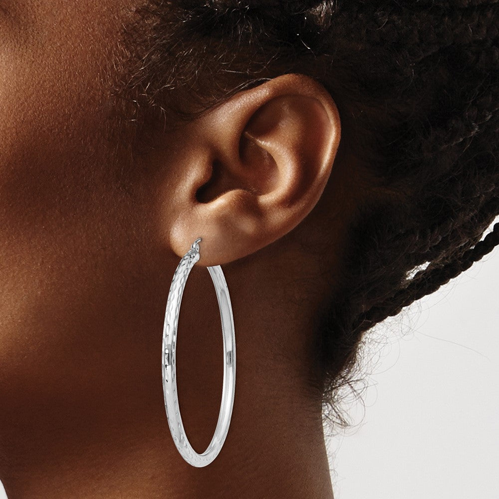 Sterling Silver Rhodium-plated 3.00mm Diamond-cut Hoop Earrings