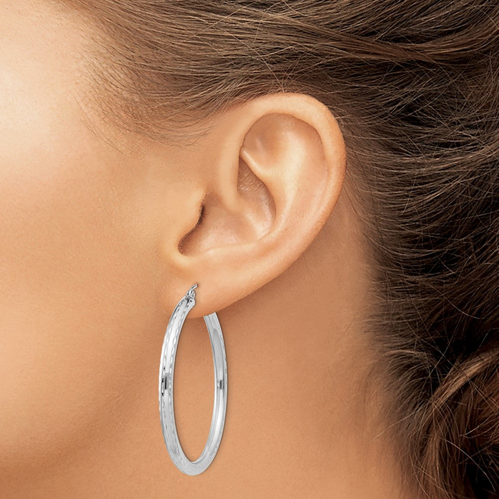 Sterling Silver Rhodium-plated 3.00mm Diamond-cut Hoop Earrings