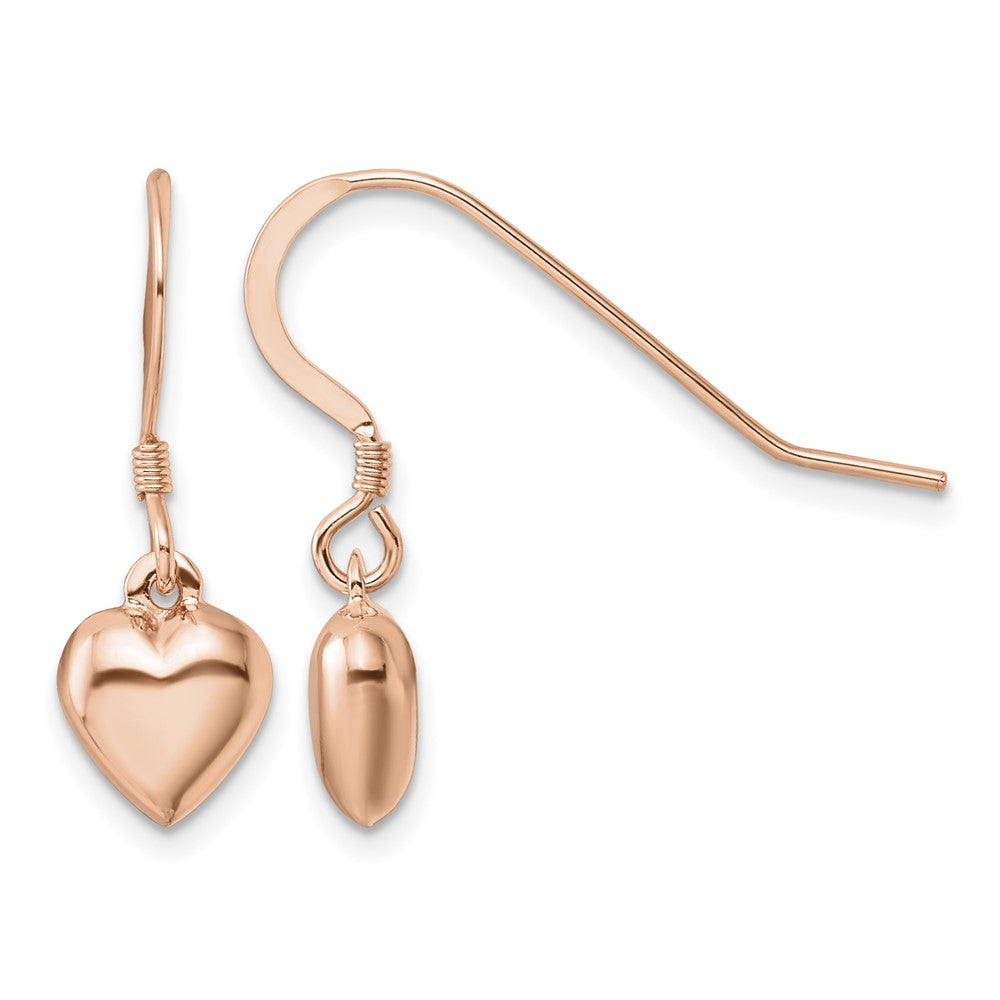 Sterling Silver Rose-tone Puffed Heart Dangle Shepherd Hook Earrings