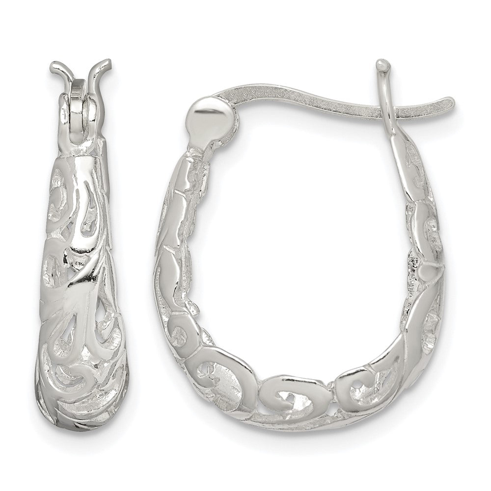 Sterling Silver Polished Filigree Oval Hoop Earrings