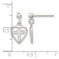 Sterling Silver Polished Cross in Heart Post Dangle Earrings