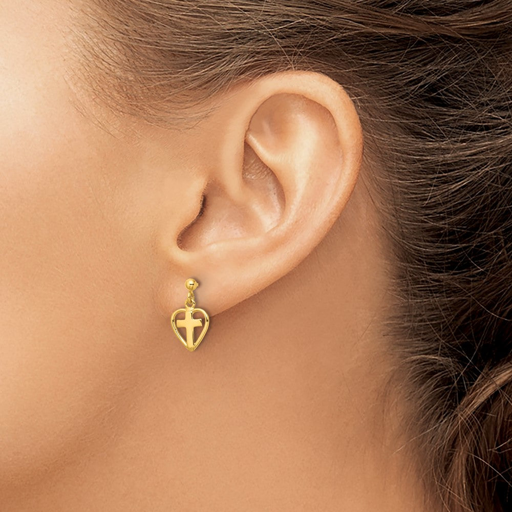 Sterling Silver Gold-tone Polished Cross In Heart Post Dangle Earrings