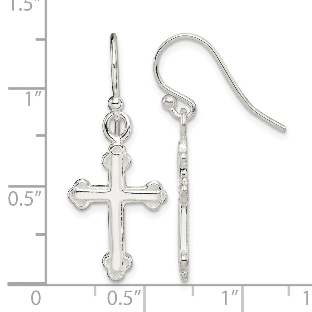 Sterling Silver Polished Budded Cross Dangle Earrings