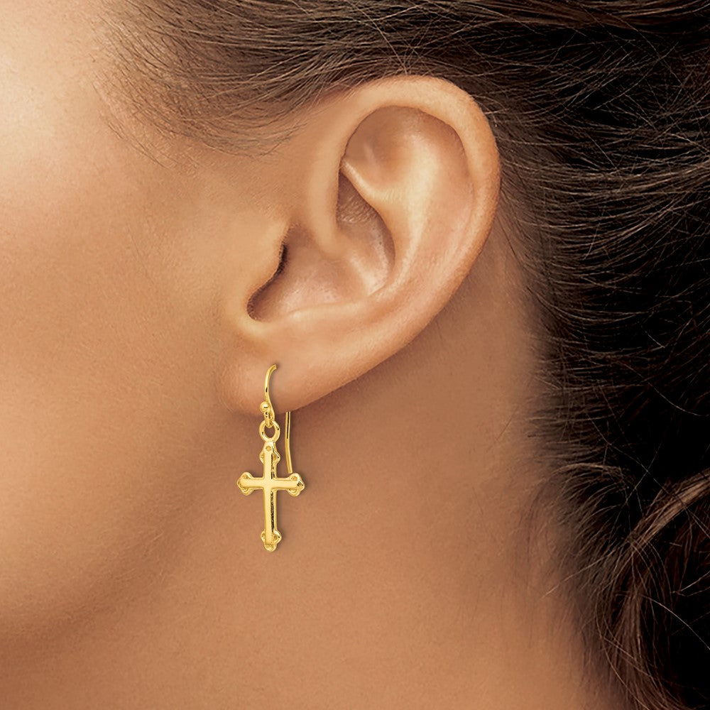 Sterling Silver Gold-tone Polished Budded Cross Dangle Earrings