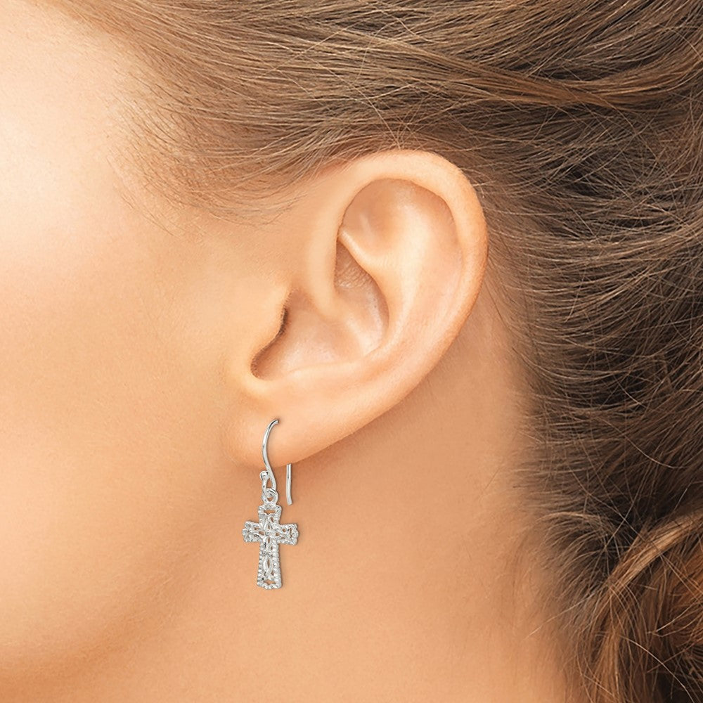 Sterling Silver Polished & Textured Cross Dangle Earrings