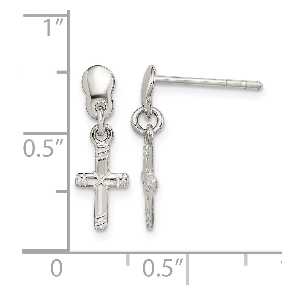 Sterling Silver Polished & Grooved Latin Cross Post Dangle Earrings