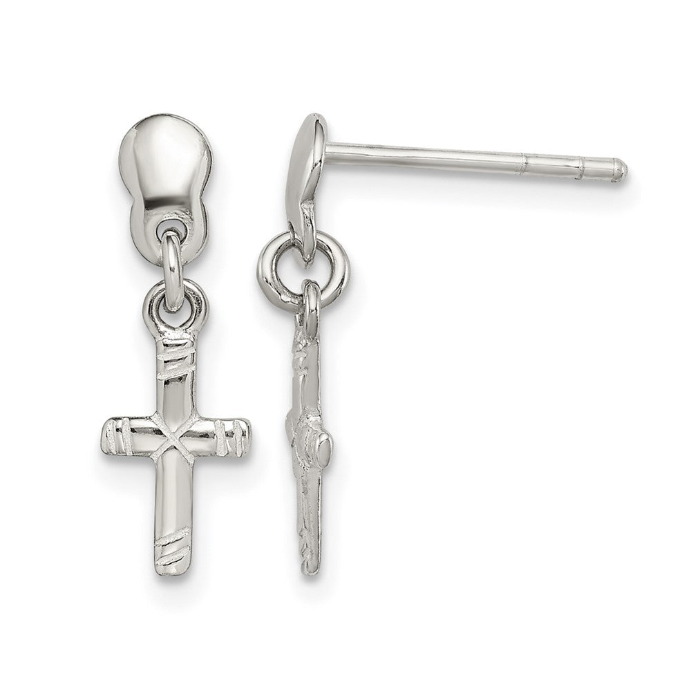 Sterling Silver Polished & Grooved Latin Cross Post Dangle Earrings