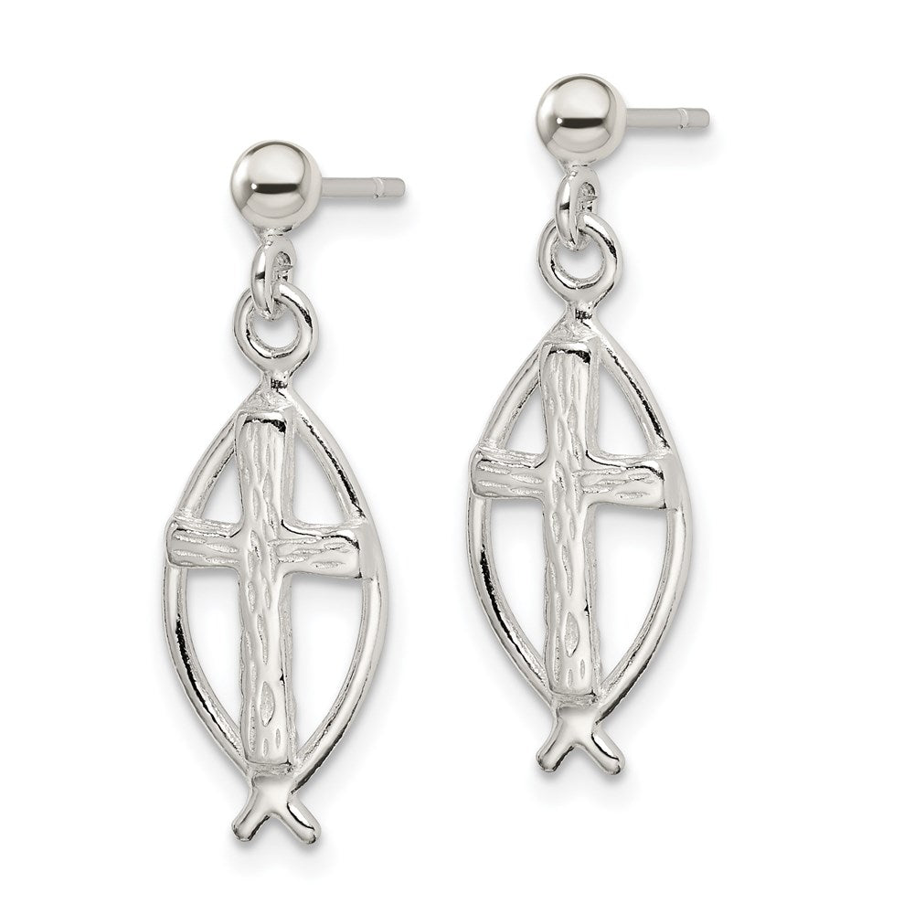 Sterling Silver Polished & Antiqued Ichthus Cross Post Dangle Earrings