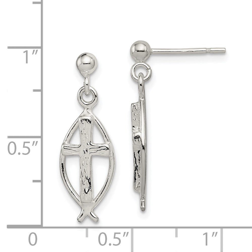 Sterling Silver Polished & Antiqued Ichthus Cross Post Dangle Earrings