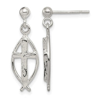 Sterling Silver Polished & Antiqued Ichthus Cross Post Dangle Earrings