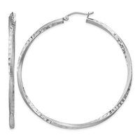 Sterling Silver RH-plated Satin Diamond-cut 2.5x55mm Twisted Hoop Earrings