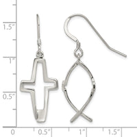 Sterling Silver Polished Cross Ichthus Dangle Earrings