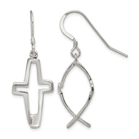Sterling Silver Polished Cross Ichthus Dangle Earrings