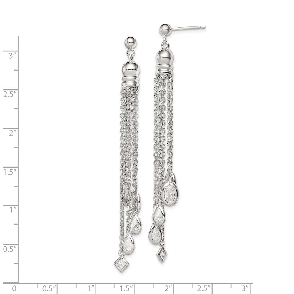 Sterling Silver RH-plated Polished CZ & Multi-Chain Post Dangle Earrings