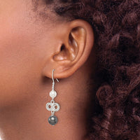 Sterling Silver Polished Grey & White Glass Pearl Infinity Dangle Earrings