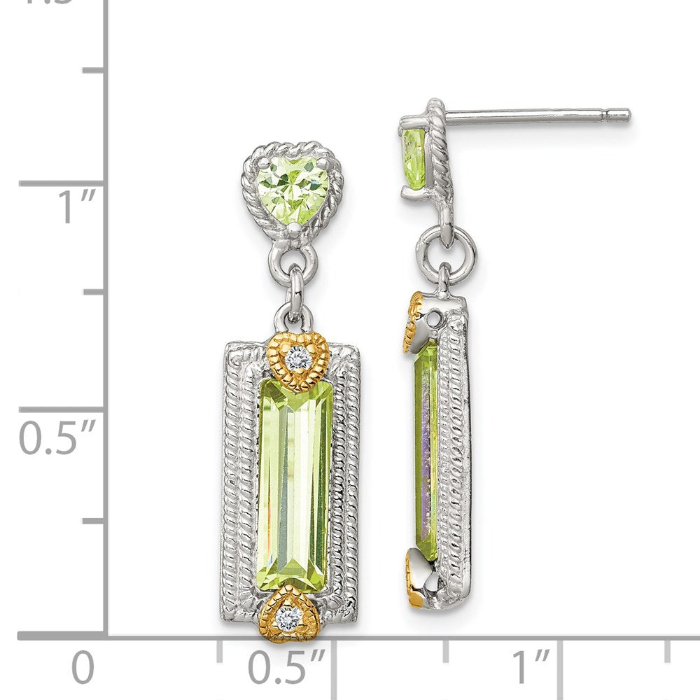 Sterling Silver Rhod-pltd w/Gold-tone Vermeil Green CZ Dangle Earrings
