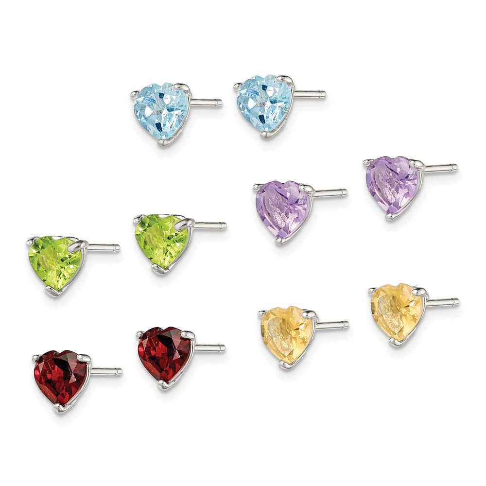 Sterling Silver RH-pltd Heart Shaped Multi Gemstone Post Earring Set