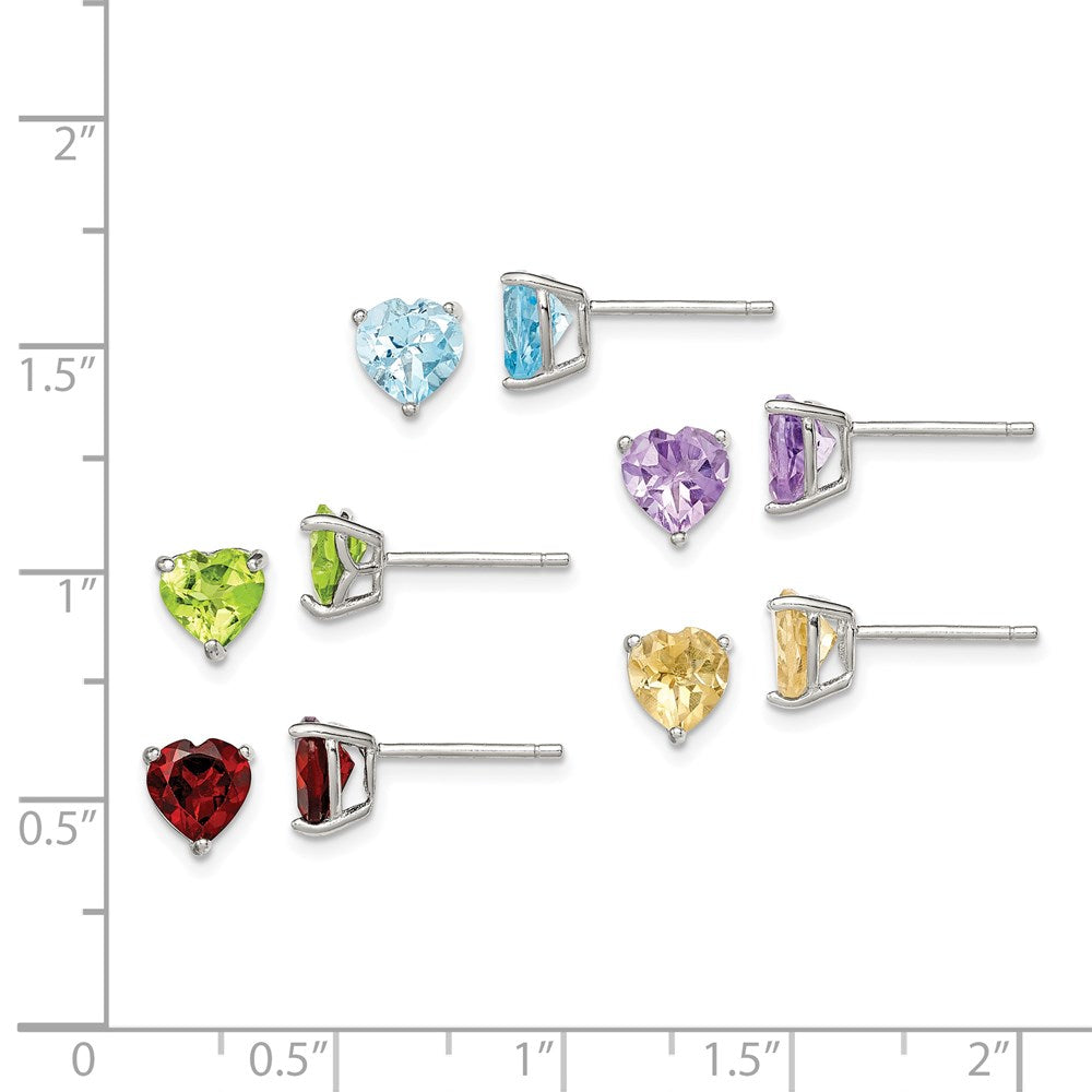 Sterling Silver RH-pltd Heart Shaped Multi Gemstone Post Earring Set