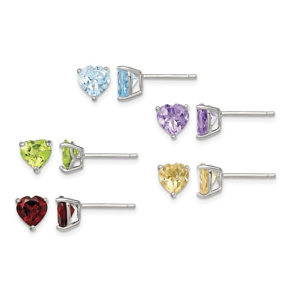 Sterling Silver RH-pltd Heart Shaped Multi Gemstone Post Earring Set