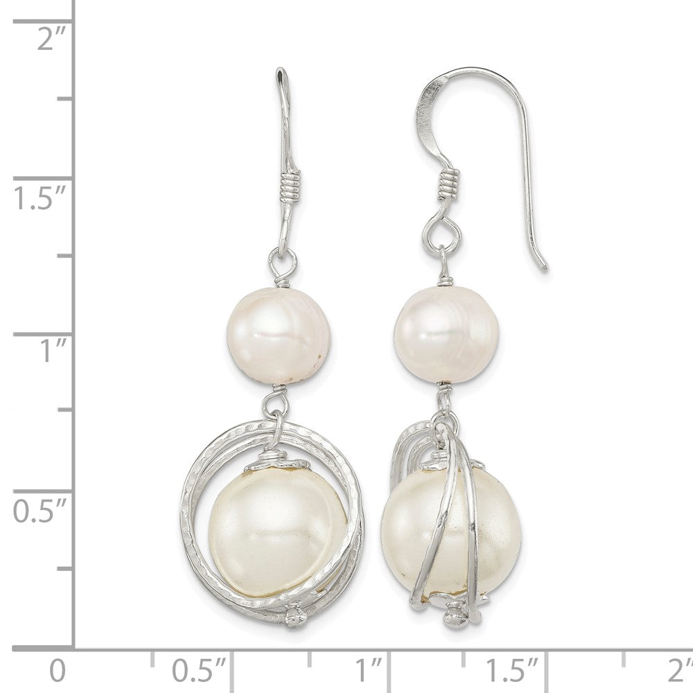 Sterling Silver Polished & Textured FWC Pearl /Shell Pearl Dangle Earrings