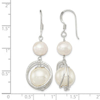 Sterling Silver Polished & Textured FWC Pearl /Shell Pearl Dangle Earrings