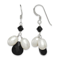 Sterling Silver Polished FWC Pearl / Black Crystal / Onyx Dangle Earrings
