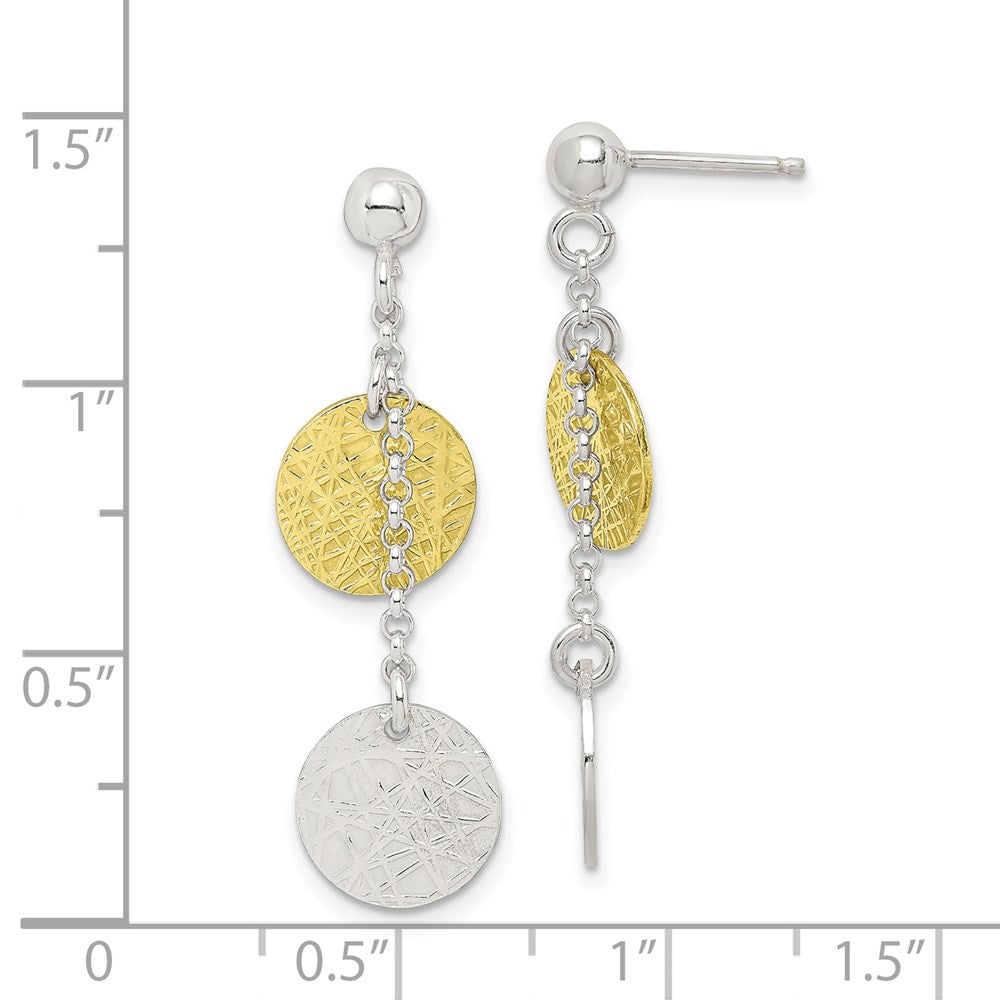 Sterling Silver w/ Yellow Vermeil Polished & Textured Circle Dangle Earring