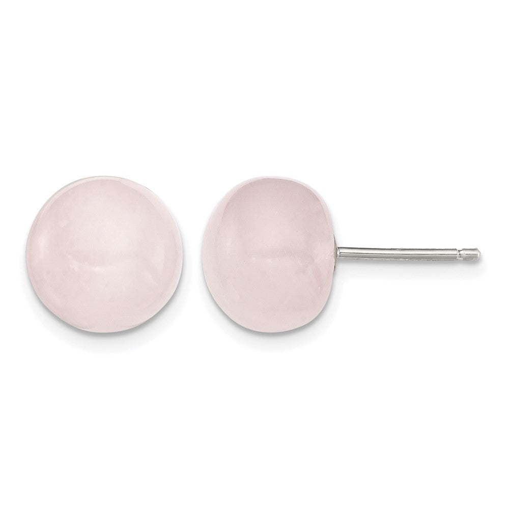 Sterling Silver Rhod-pltd 10-10.5mm Button Rose Quartz Post Earrings