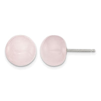 Sterling Silver Rhod-pltd 10-10.5mm Button Rose Quartz Post Earrings