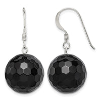 Sterling Silver Polished 17mm Faceted Onyx Bead Dangle Earrings