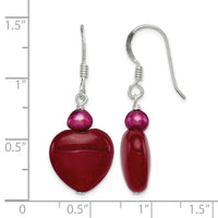 Sterling Silver Polished Red FWC Pearl & Red Jade Heart Dangle Earrings