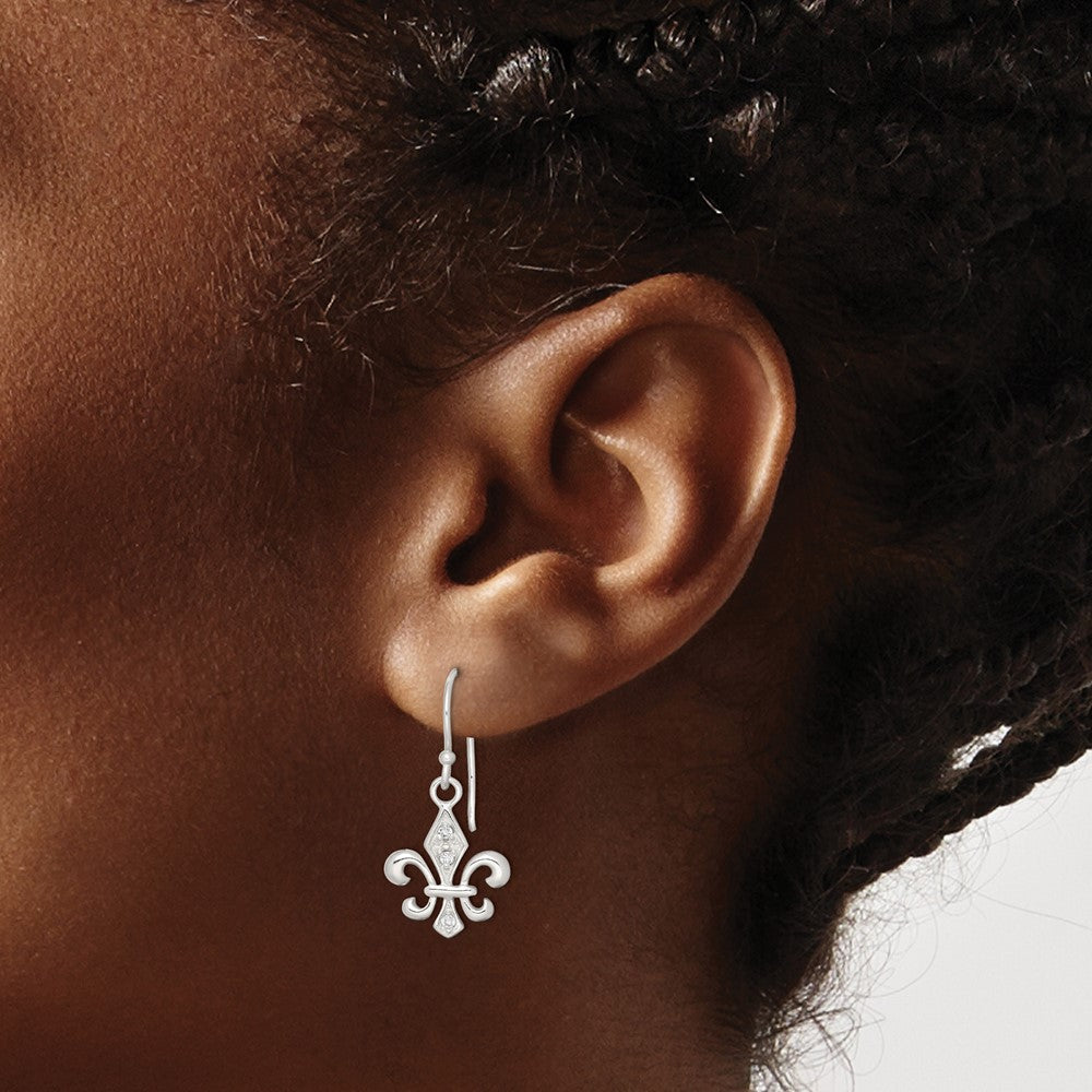 Sterling Silver Polished CZ Fleur de Lis Dangle Earrings
