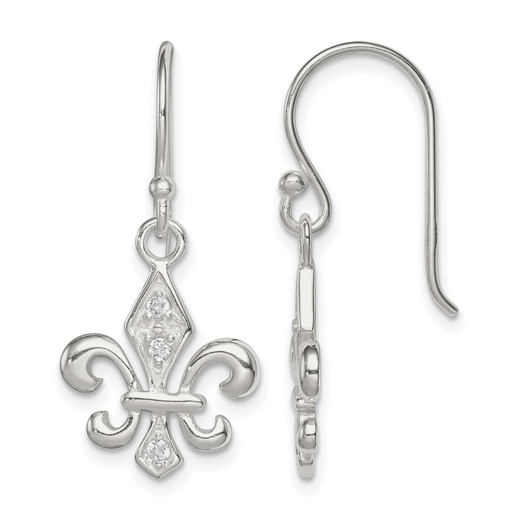 Sterling Silver Polished CZ Fleur de Lis Dangle Earrings
