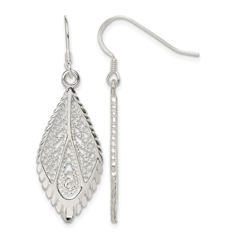 Sterling Silver Polished & D/C Fancy Filigree Teardrop Dangle Earrings