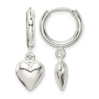 Sterling Silver Polished Puff Heart Dangle Hoop Earrings