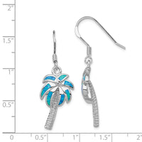 Sterling Silver Rhod-pltd Created Blue Opal Inlay Palm Tree Dangle Earrings
