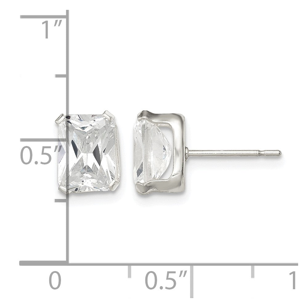 Sterling Silver Polished Emerald-cut 8x6mm Basket Set CZ Stud Earrings