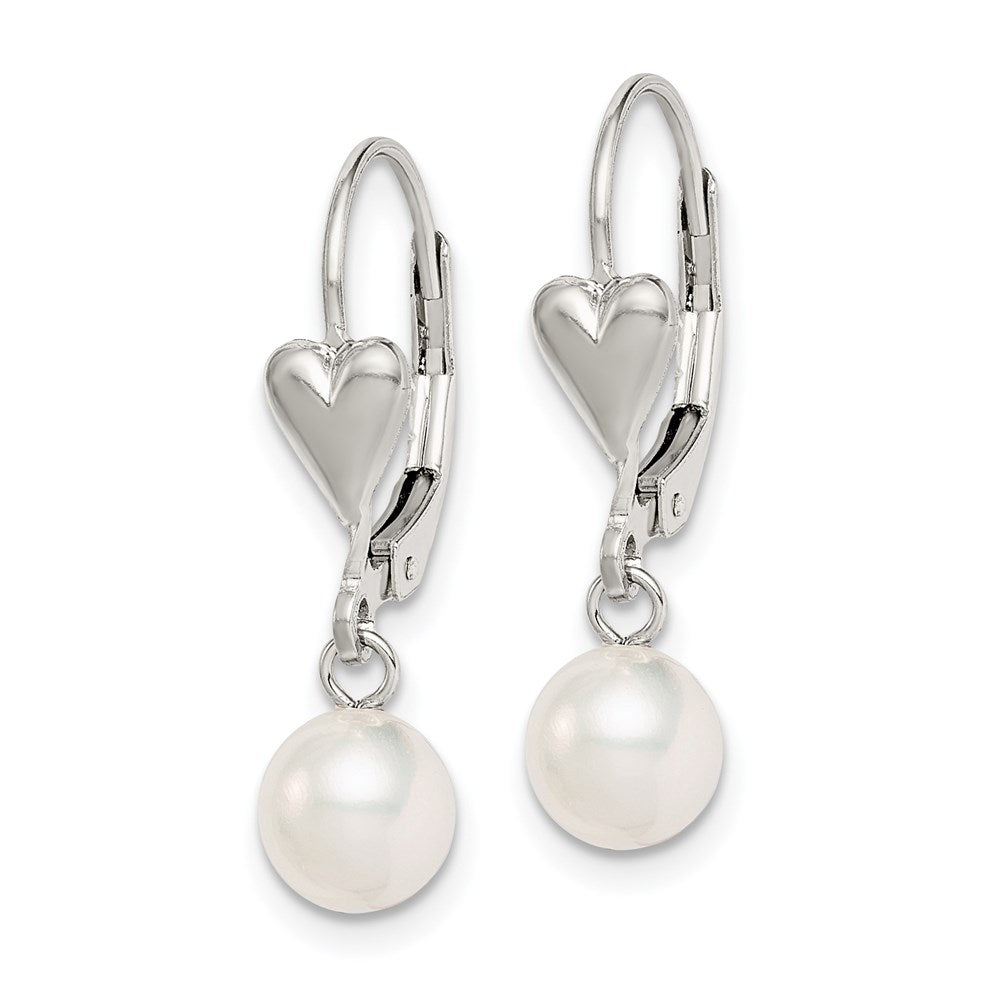 Sterling Silver RH-pltd 6-7mm FWC Pearl Heart Leverback Dangle Earrings
