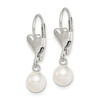 Sterling Silver RH-pltd 6-7mm FWC Pearl Heart Leverback Dangle Earrings